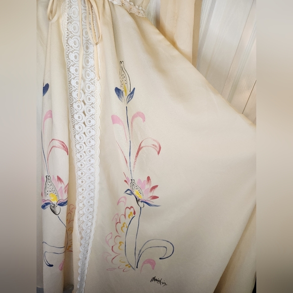Vintage Dreamy 1970s Hand-Painted Boho Maxi • Sheer Ivory Nylon & Lace • S - Picture 8 of 13